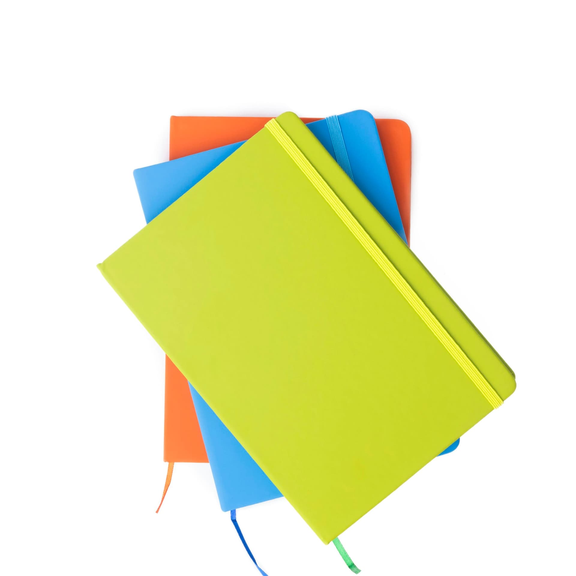 A stack of blue, green, orange, and teal notebooks