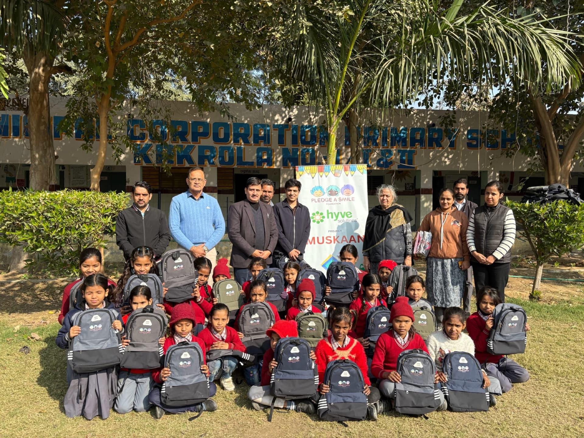 Winter backpack distribution at Kakrola primary school
